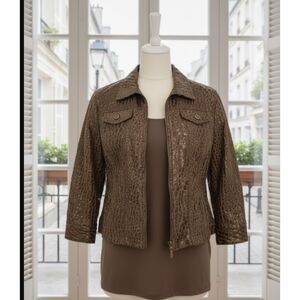 Ruby Rd Petite Faux Reptile Leather Look  Front Zipper Short Jacket Brown 14P